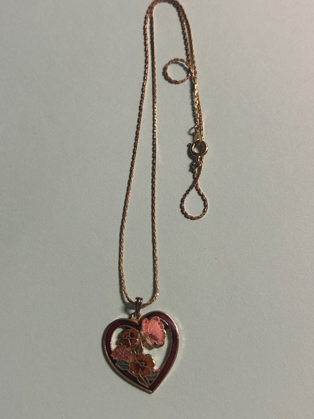 Women's Rose Gold Heart Pendant Necklace‎ with Pink Enamel Floral Accent